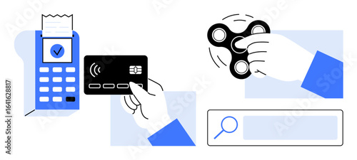Contactless card payment at terminal, hand spinning fidget spinner, and search bar for web query. Ideal for technology, finance, productivity, trends, UXUI, banking simple landing page