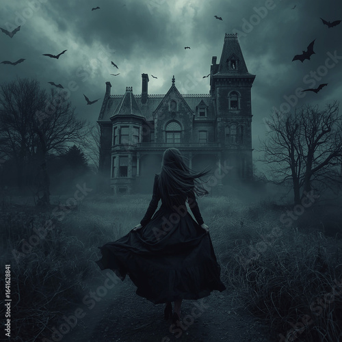 Victorian Mansion Shrouded in Fog with Lone Woman and Flying Bats – Cinematic Gothic Horror Scene