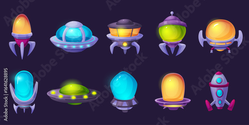 Cartoon ufo ships. Futuristic spaceships with lights. Aliens transport in space, universe transportation game elements, nowaday vector clipart