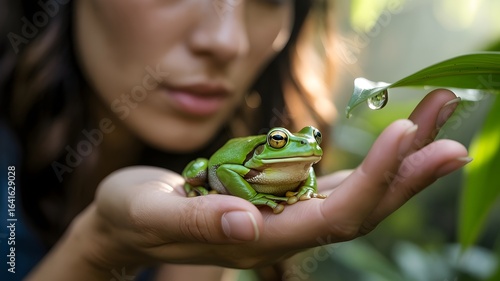 A woman admiring a green frog perched on her hand, surrounded by lush foliage and water droplets. The scene is one of gentle curiosity and connection with nature.