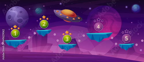 Map space game. Universe travelling level with spaceship and flying stone islands. Cartoon arcade landscape for mobile or computer, nowaday vector background