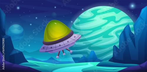 Alien ship travel. Spaceship hovering lands or takes off from planet. Interstellar transport, universe travelling and space adventures nowaday vector landscape