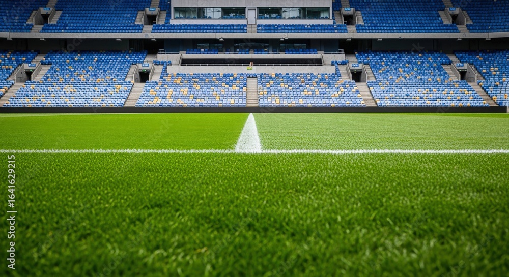 Fototapeta premium Empty Soccer Stadium with Vibrant Green Field and Blue Seating, Ready for Game Day