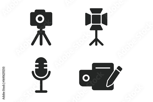 Interview setup equipment icons set. Solid vector illustration collection. Camera on tripod, studio light, microphone stand, video recorder, notebook. Media production, podcast, journalism concept.