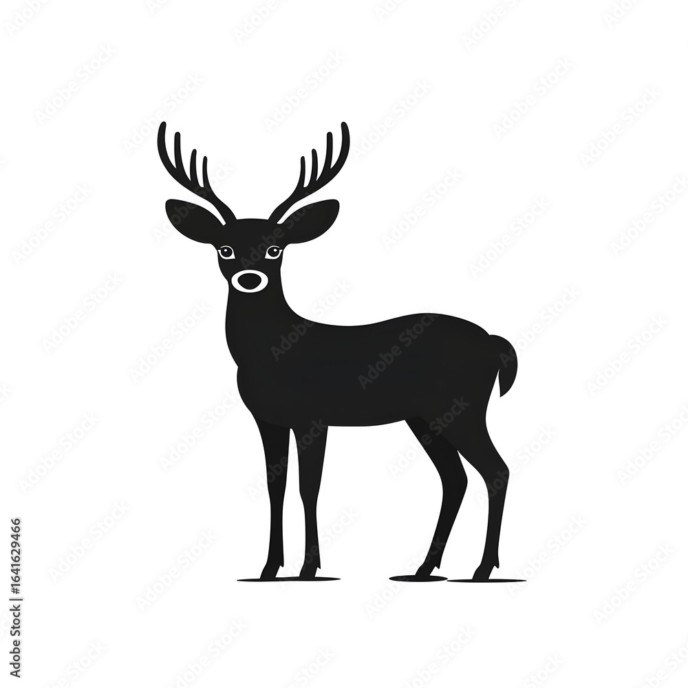 Fototapeta premium Illustration - Majestic Deer Silhouette, Wildlife, Antlers, Nature, Animal, Black, White, Forest, Woodland, Buck