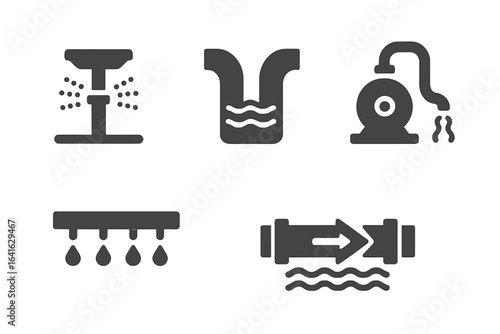 Irrigation systems vector icons set. Sprinkler head, water canal fork, submersible pump, drip line, pipeline flow symbols. Agriculture irrigation equipment solid glyphs. Farming, garden watering.