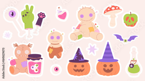 Halloween elements sticker pack. Cartoon bones, zombie hand, cat paw, voodoo dolls, poison bottles and spider web. Witchcraft set, vector clipart
