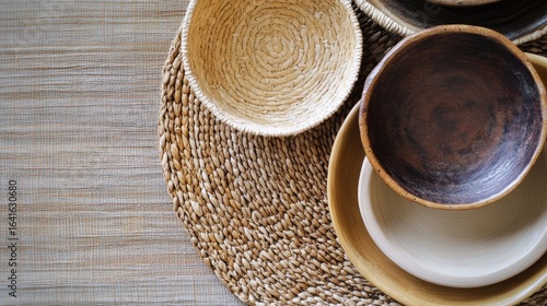 A serene arrangement of natural woven and ceramic bowls atop a textured surface, showcasing earthy tones and organic materials.