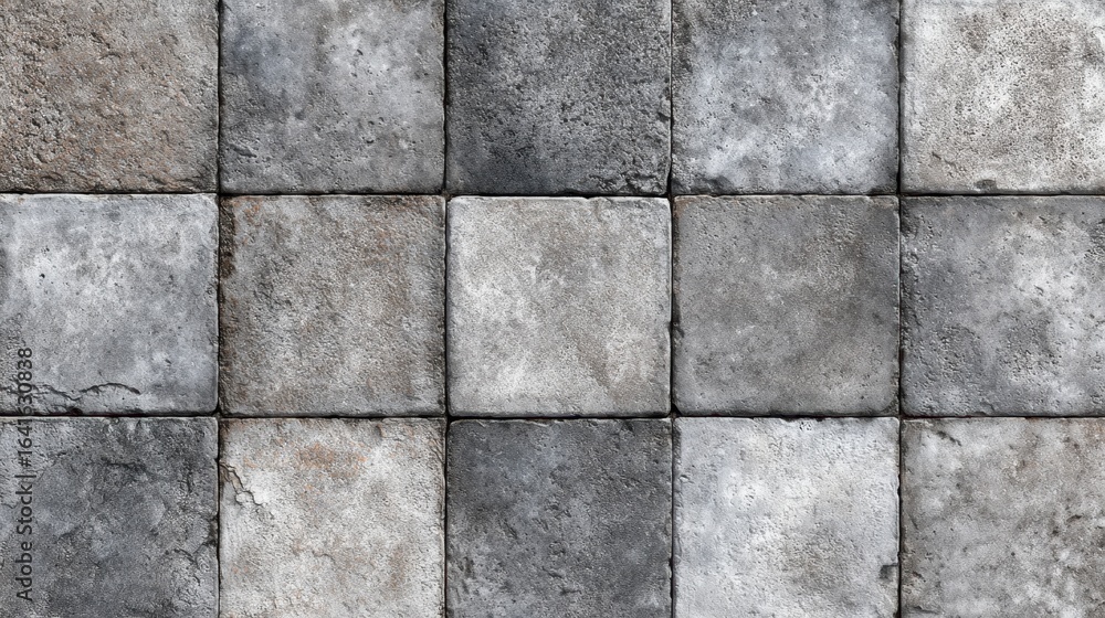 Naklejka premium Weathered gray concrete tiles forming geometric grid pattern, revealing textural surface ideal for architectural rendering, design backgrounds, showcasing industrial minimalist aesthetic