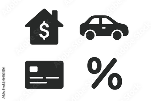 Financial loan service icons vector set. Solid filled mortgage house, auto loan car, credit card payment, interest rate symbol. Banking finance illustration. Black pictogram icons isolated on white.
