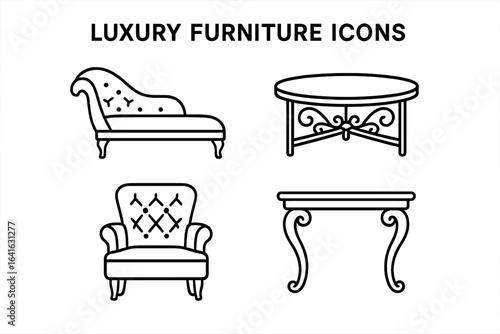Luxury furniture icons set, outline style, featuring elegant velvet chaise lounge, gold-accented coffee table, tufted sofa accents, premium home decor vector illustrations on transparent background