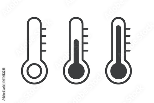Set of flat linear thermometer icons with scale, low medium high temperature symbols, isolated vector elements, medical and weather temperature measurement illustration, healthcare design