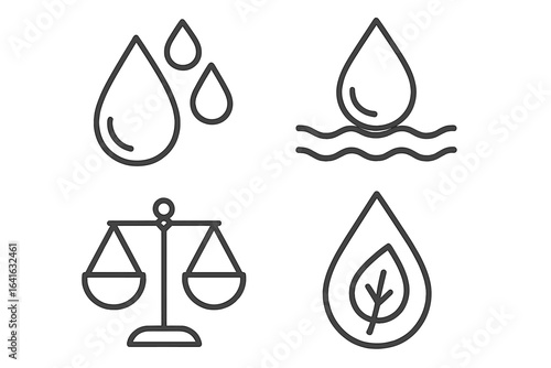 Clean water drop icons set. Outline style sustainable water, eco friendly resource, purity, balance, nature conservation, environmental protection. Line icons for mobile app, web, infographic design.