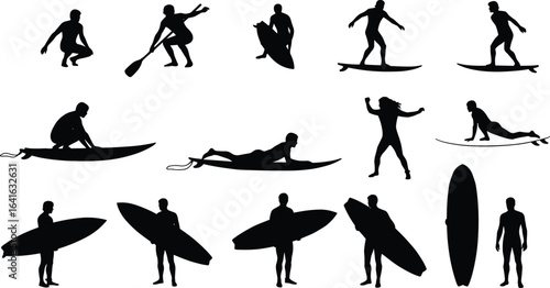 Surfer silhouette, surfboard poses, paddle surfing, surfing stances, beach sport, ocean activity, board rider, surfer actions, surf lifestyle, water sports
