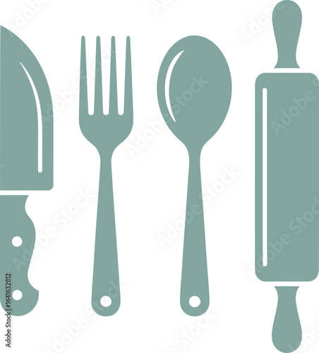 Set of modern and classic kitchen utensil vector silhouettes, including a knife, fork, spoon, and rolling pin for cooking design..