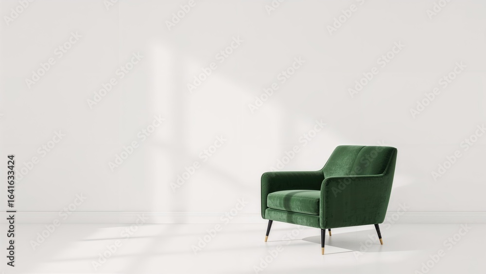 Obraz premium 3D living room scene showcasing a green velvet seat against a plain white interior