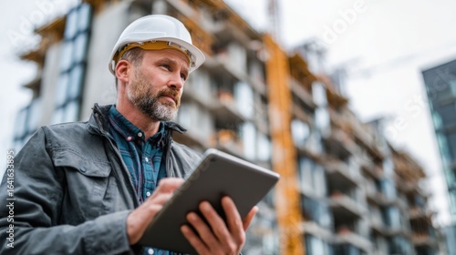 civil engineer or architect with hardhat on construction site checking schedule on tablet computer	