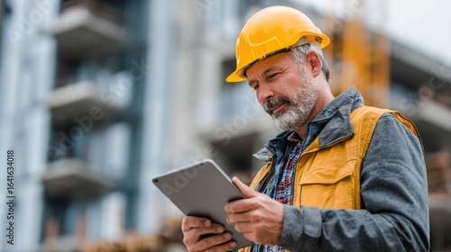 civil engineer or architect with hardhat on construction site checking schedule on tablet computer	