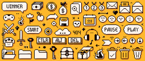 A big set of pixel game art 8 bit icons drawn in a yellow and white color. Speech bubbles, folders, console, ctrl, alt, delete buttons, headphones, caskets, floppy disk, fire, mushroom and etc.