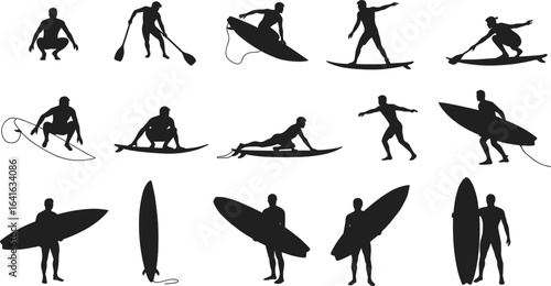 Surfer silhouettes, surfing poses, paddleboarding, carrying surfboard, surf stance, ocean sport, beach activity, surf lifestyle, board riders, water adventure