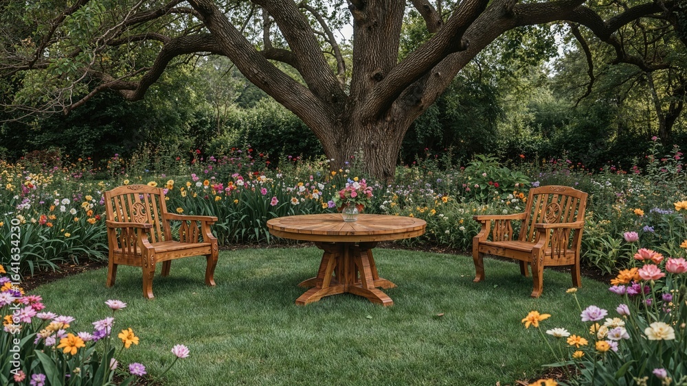 Obraz premium Wooden table and chairs arranged on green grass with flowers