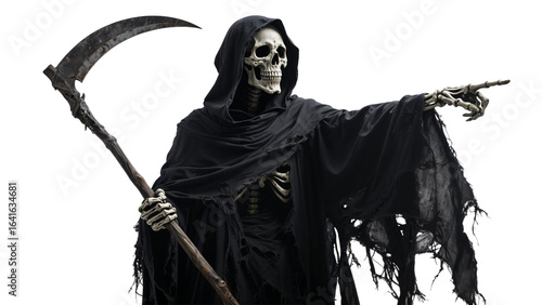Grim reaper skeleton in tattered black robe holding scythe and pointing on white or transparent background.