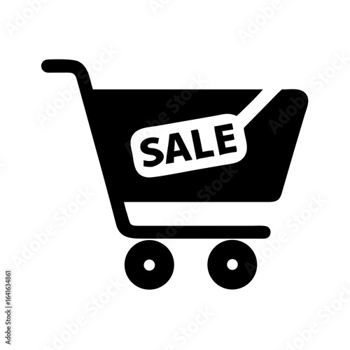 Shopping cart silhouette with sale tag on white background  