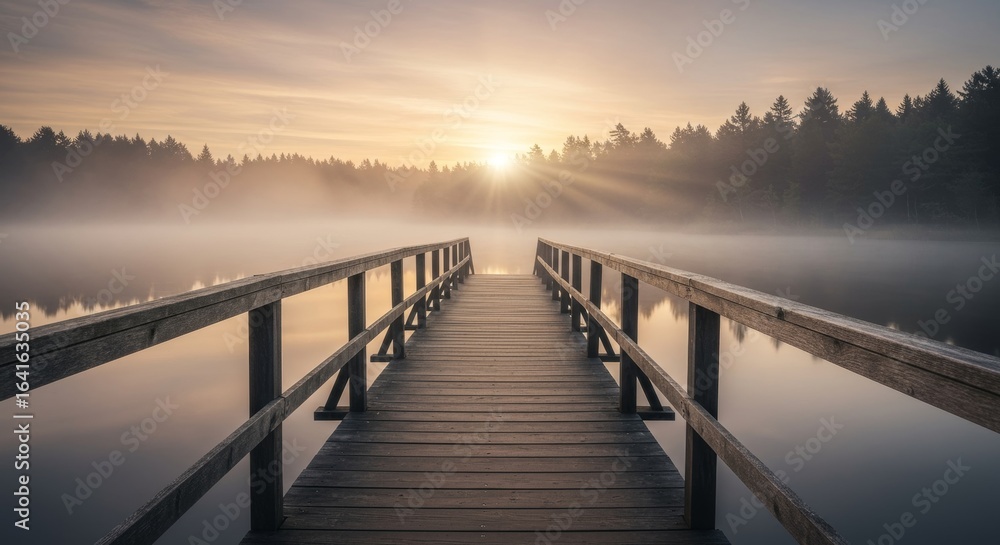 Fototapeta premium Sunrise Bridge: A tranquil scene of a wooden bridge extending across a misty lake towards the dawning sun, evoking a sense of serenity and the promise of a new day.