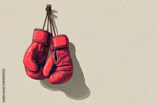 Vector design of a pair of boxing gloves hanging on a hook, with bold shadows, plain background, and ample copy space on the side. 