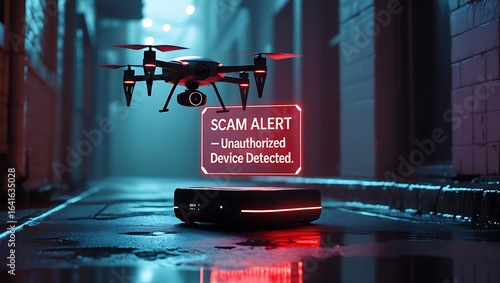 A drone hovers ominously above a device in a dimly lit alley, with a glowing 'Scam Alert' sign nearby.