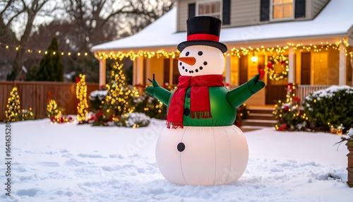 Festive snowman in snowy yard
