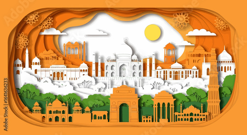 Paper art depiction of iconic Indian landmarks, including the Taj Mahal and India Gate, under a sunny sky.
