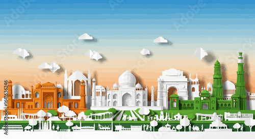 A stylized paper cutout illustration depicting iconic Indian landmarks with vibrant colors and a layered effect.