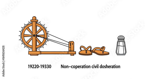 Historical symbols of civil disobedience in India a charkha spinning wheel, sandals, and salt shaker.