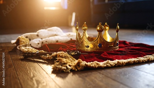 A gold crown rests on a red velvet cloth with a scepter nearby, on a wooden floor