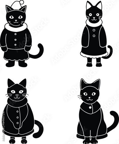 Black Cat in a Santa costume silhouette set