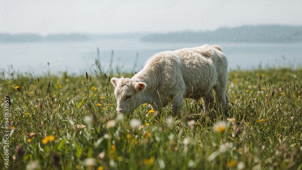 Naklejka premium Tiny cow munching on natural grass