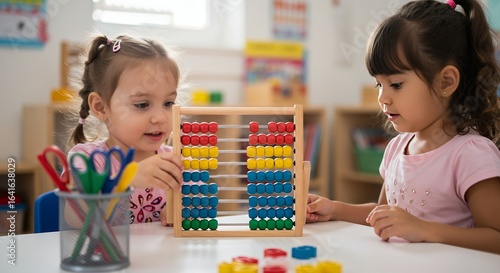 Two adorable little girls learning mathematics and counting together using a colorful wooden abacus in a bright kindergarten classroom