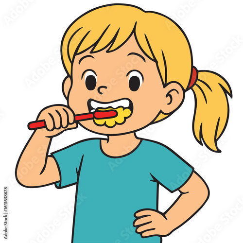 Cute girl brushing his teeth cartoon. Clean white tooth. Healthy teeth. Vector illustration