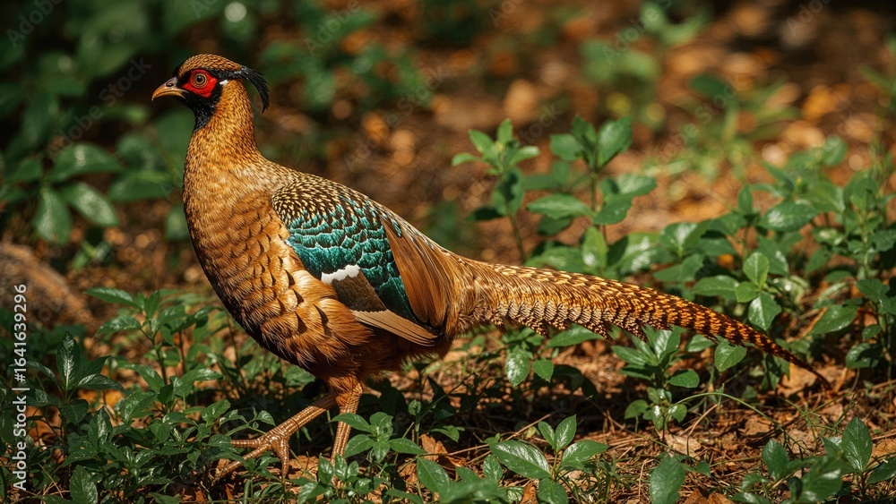 Fototapeta premium The Colorful Plumage of a Golden Pheasant