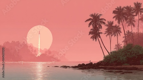 Fototapeta Naklejka Na Ścianę i Meble -  Pink sunset, rocket launch over tropical island