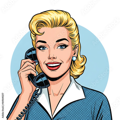 Smiling woman talking on vintage rotary phone isolated on transparent background