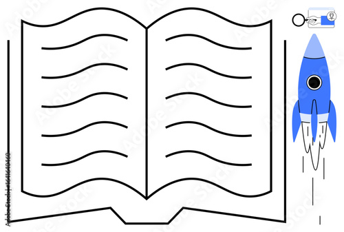 Open book with visible text lines paired with a blue rocket taking off, depicting progress, growth, and discovery. Ideal for education, learning, science, creativity, innovation aspiration