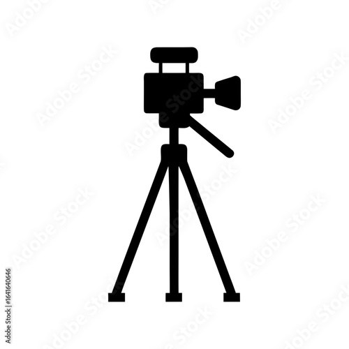 Silhouette of a camera tripod with camera mounted on white background professional photo gear symbol  