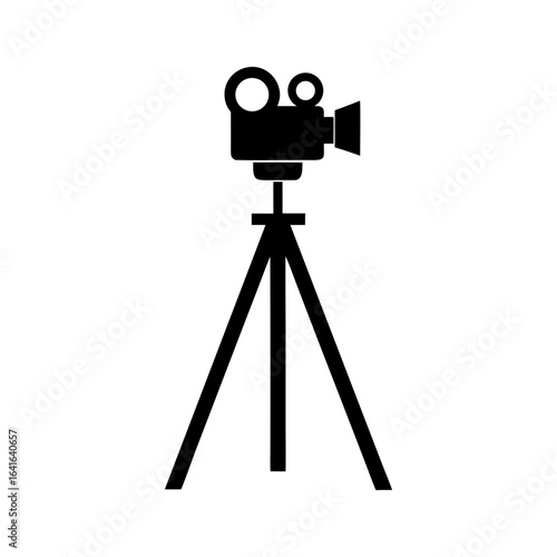 Silhouette of a camera tripod with camera mounted on white background photography equipment icon  