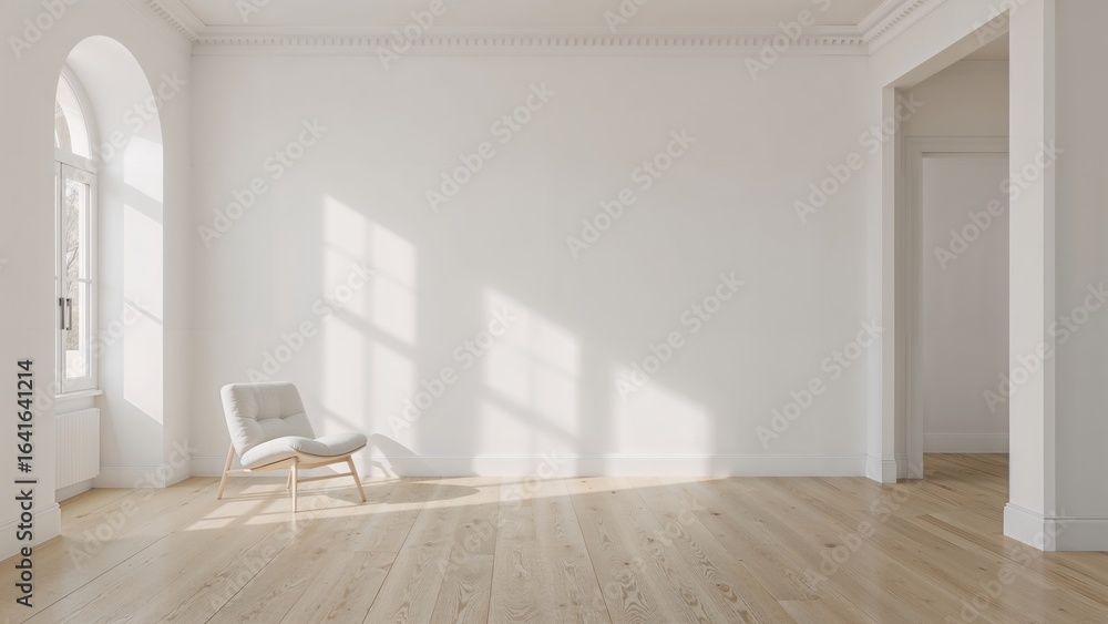 Fototapeta premium Sunlit interior space with a chair adjacent to a blank white wall