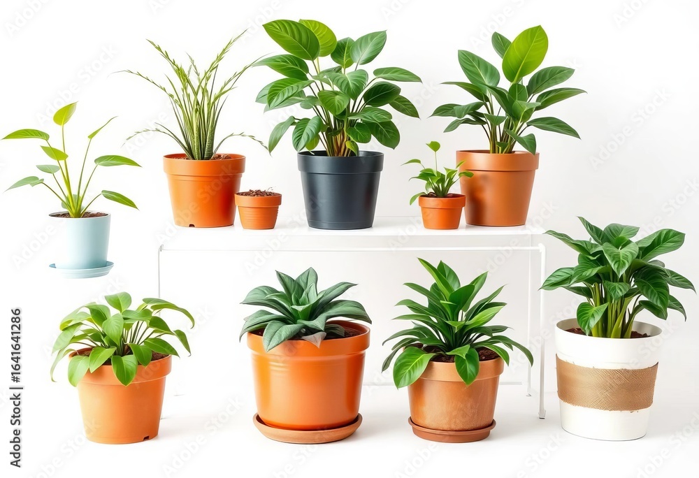 Fototapeta premium Eight diverse potted plants in various containers on a clean white backdrop, monstera, indoor plants