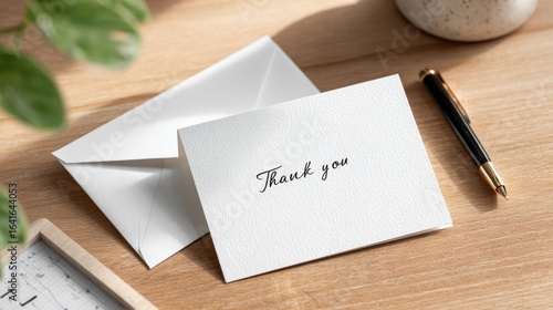 Thank you card with envelope and pen on wooden table with small potted plants. concept of gratitude and appreciation. Thank-you note card and envelope on a table