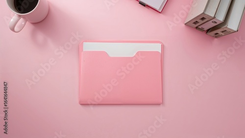 Flat lay of a pink work fol...
