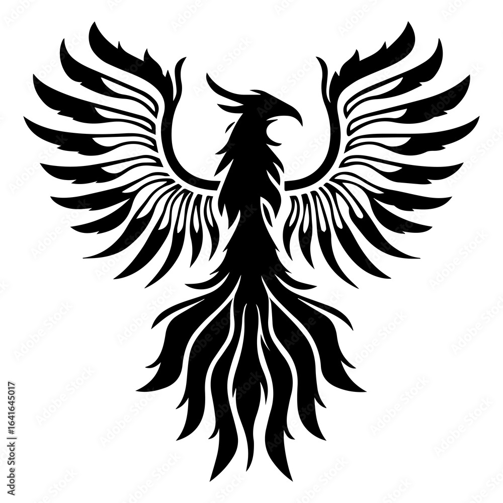 Obraz premium Illustration of a black phoenix with its wings spread, isolated on white background, a symbol of rebirth, immortality, and transformation in fantasy art